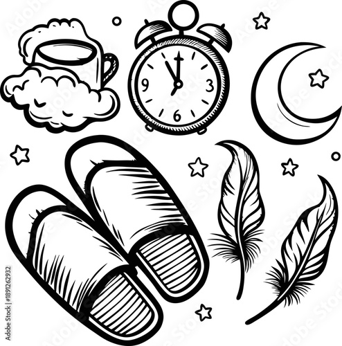 Cozy bedtime essentials with slippers, moon, stars, alarm clock, feathers, and warm cup of tea for relaxing night routine