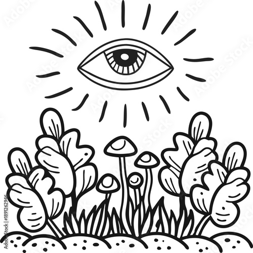 Mystical eye symbol above mushrooms and plants in a supernatural forest scene with rays of light