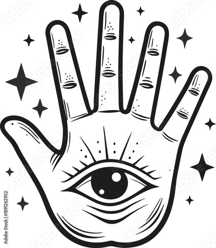 Mystical hand with all seeing eye and sparkling stars symbol esoteric spiritual palm illustration with magical elements and cosmic energy