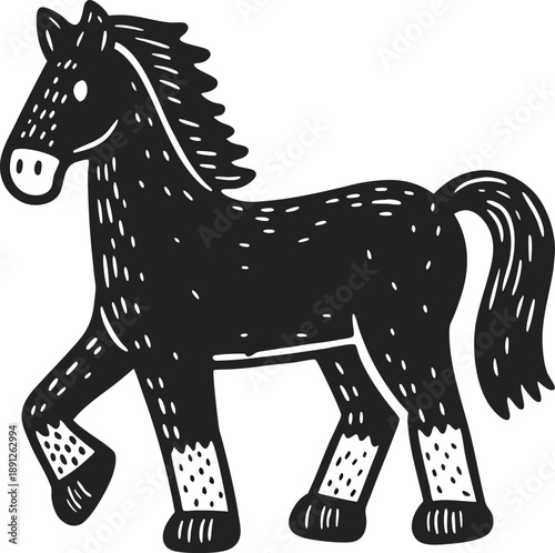 Black horse illustration with playful and simplified details on white background