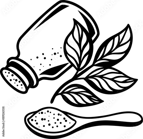 Salt shaker pouring salt onto a wooden spoon with fresh herb branch illustration, seasoning and cooking concept