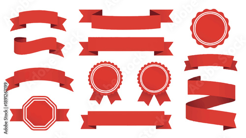 Collection of Red Ribbons and Labels for Awards and Celebrations