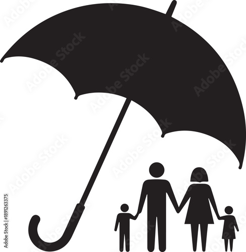Large umbrella sheltering a family of four figures people parents