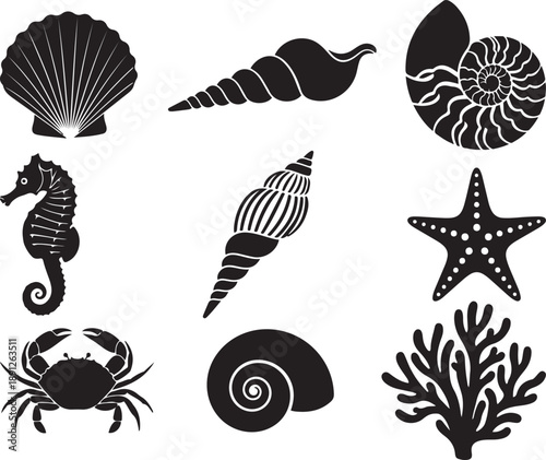 Collection of black silhouettes of marine life and shells on white background ocean