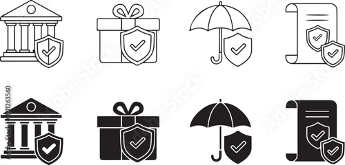 Icons of bank gift umbrella and scroll with shields and checkmarks Keywords: insurance, protection