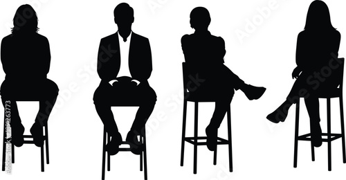Seated people silhouettes on stools, men and women sitting poses, minimalist black vector illustration, isolated white background, modern, studio, set