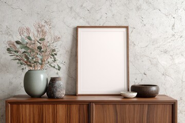 Vertical wooden picture frame mockup sits atop a dark wood cabinet against a light marbled background with decorative pottery and foliage