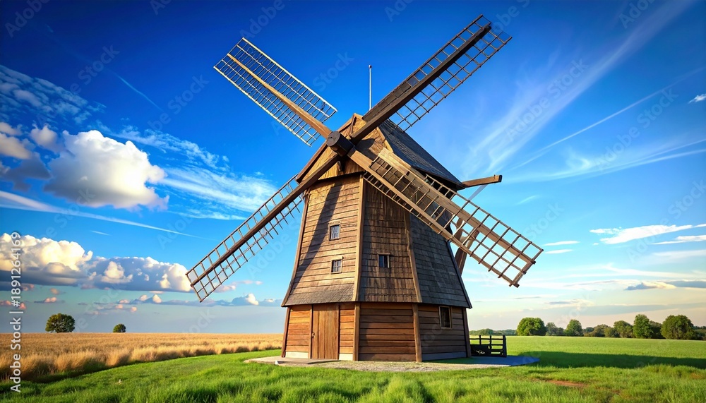 Obraz premium Traditional wooden windmill in rural landscape under blue sky, renewable energy, heritage architecture, countryside concept
