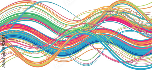 Vector illustration of colorful overlapping wavy lines in dynamic motion representing flow, complexity, and visual energy