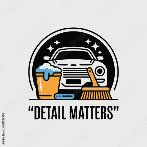 Detail matters car cleaning service logo with bucket, brush, and sparkling vehicle