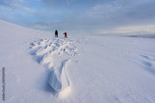 View of two figures silhouetted against the vast, snow-covered landscape under a pastel sky, a journey through the arctic wilderness, Levi, Lapland, Finland.