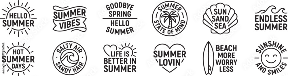 Obraz premium Summer Quote Typography Set With Beach Icons, Sunshine Slogans, and Hand Drawn Seasonal Sayings for Travel Apparel and Vacation Designs