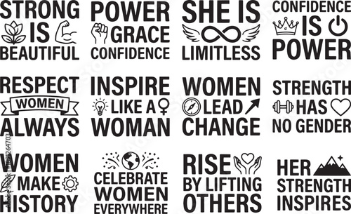 Strong Women Empowerment Quote Typography Set With Feminist Icons and Bold Inspirational Messages for Apparel Posters and Social Media Designs