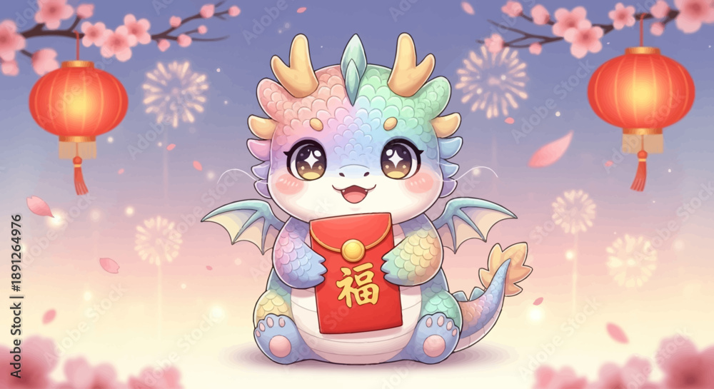 Fototapeta premium Cute baby dragon holding a red envelope with Chinese characters, celebrating Lunar New Year with lanterns and cherry blossoms