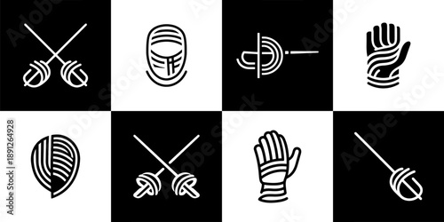 Vector Set of 8 Fencing Sports Equipment Tournament Line Icons