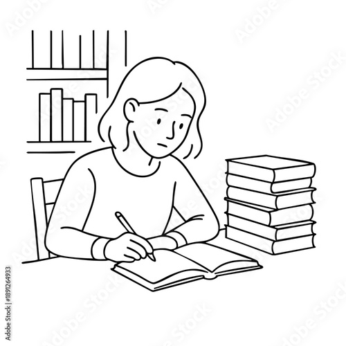 Young student diligently studying and writing notes in a notebook with books nearby