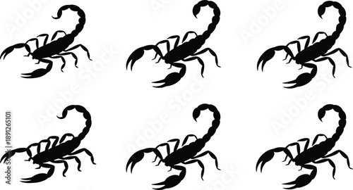 Black scorpion silhouettes collection isolated on white background, dangerous arachnid animals in different poses, venomous wildlife shapes for logo, tattoo, horror, and design concepts