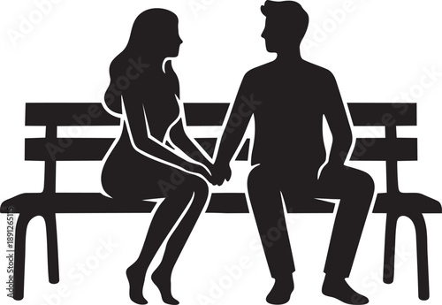 Minimal silhouette of two lovers sitting on a bench holding hands, side view, romantic atmosphere