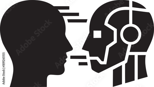 Black silhouette of a human head and a robotic head facing each other, minimal flat vector style, clean smooth outlines, no inner details, artificial intelligence and human connection concept, isolate