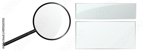 Set of realistic magnifying glass and glass panels on dark and light backgrounds. Transparent glass textures with reflections and highlights, UI elements for search, zoom, inspection, or interface des