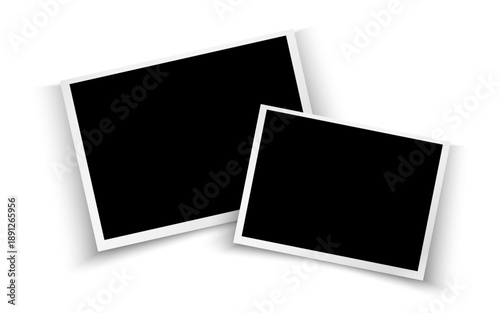 Two empty white photo frames with soft shadow on black background, realistic mockup for photo or artwork presentation, modern minimal layout with space for images.