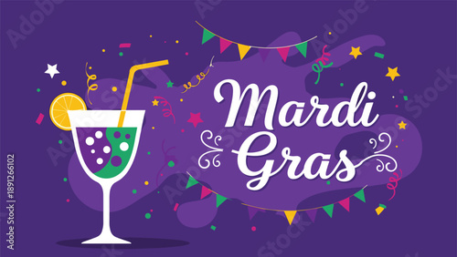 Festive Mardi Gras celebration card featuring a colorful cocktail glass with bubbles and carnival decorations on purple background.