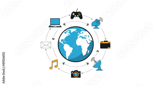 Global communication and digital connectivity network icons surrounding a planet earth vector illustration representing world technology.