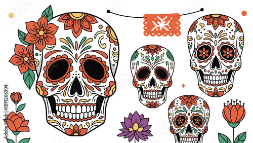 Decorative sugar skulls and flowers for Mexican Day of the Dead celebration featuring intricate patterns and colorful ornaments art.