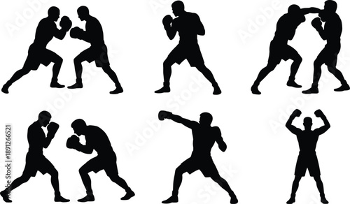 Boxing fighter silhouette icon set featuring athletes punching, defending, and celebrating victory, black sport action poses isolated on white background for fitness and competition design use
