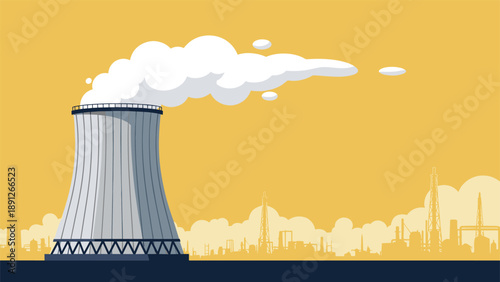 Nuclear power plant cooling tower emitting steam with a silhouette of a large industrial factory complex on the horizon.