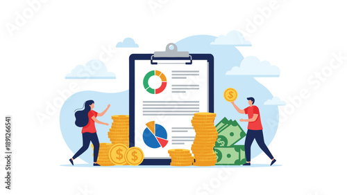 Business people analyzing financial data and charts on a large clipboard with stacks of coins and banknotes around them.