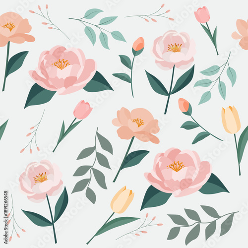 Pastel Spring Floral Seamless Pattern with Peonies and Tulips