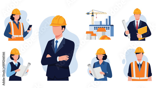 Collection of construction engineers and architects wearing safety helmets holding blueprints and plans for building projects.