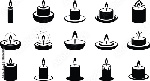 Candle silhouette collection featuring burning wax candles and tea lights in various shapes, black flame icons isolated on white background, decorative vector illustration set