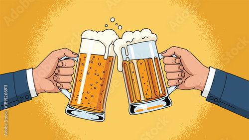 Close-up of two business professionals in suits celebrating success by clinking large glass mugs of beer against a yellow background.