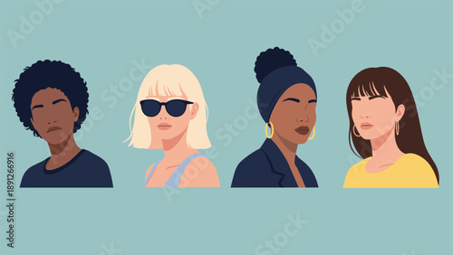Portraits of four diverse women with various ethnic backgrounds and unique styles showcased on a clean blue background.