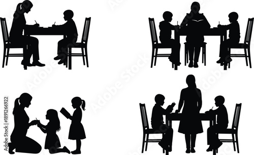 Mother and children studying together silhouette set, family education scenes, homeschooling homework reading activities, black figures isolated white background illustration