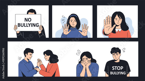 Multiple scenes depicting scenarios for anti-bullying awareness and the importance of speaking up against social harassment.