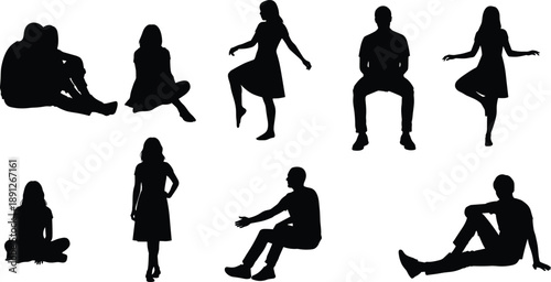 People silhouettes sitting standing dancing poses set, human body positions collection, casual lifestyle actions, black vector illustration, isolated, white background