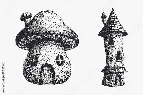 Fantasy Mushroom House and Crooked Fairy Tale Tower Illustration in Stipple Art Style