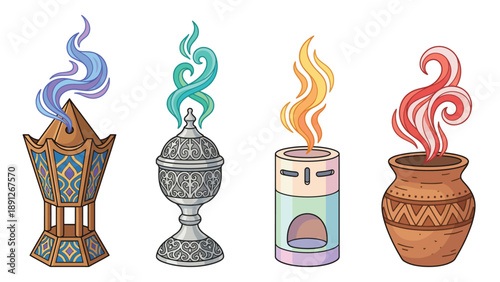 Four distinct types of incense burners and diffusers, each emitting colorful smoke, showcasing traditional and modern designs.