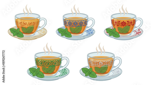 Five steaming clear glass teacups filled with hot tea and fresh mint leaves, each resting on a uniquely patterned saucer, against a white background.