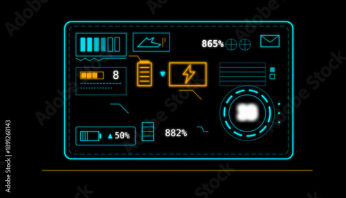 futuristic HUD interface with digital data visualization elements and glowing neon dashboard design for high-tech control systems.