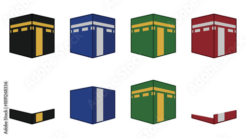 Stylized illustrations of the Kaaba in various colors, including full and partial views, representing Islamic religious architecture.