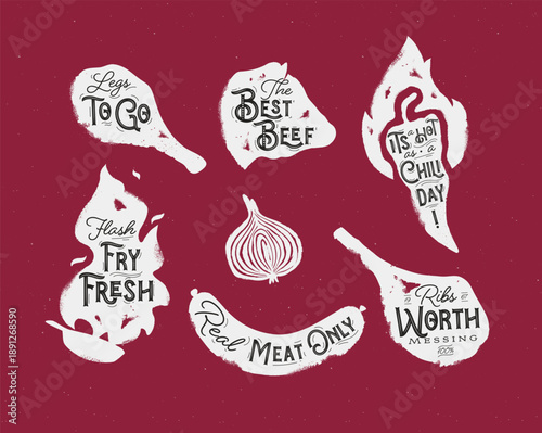 Barbecue collection grilled meat chicken leg fry pan steak chili and sausage with lettering drawing in vintage sketch style with grey color on red background