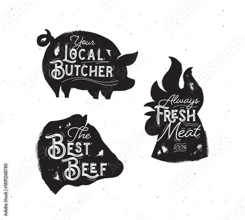Butcher set meat chicken beef and pork illustration drawing in monochrome vintage sketch style on white background