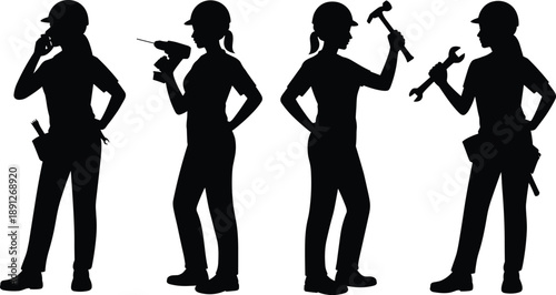 Female construction worker silhouette icon set featuring women holding tools and equipment, black industrial labor poses isolated on white background for engineering and design use