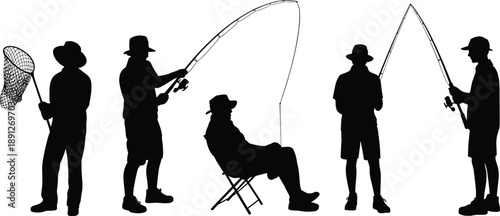 Fishing people silhouette icon set showing anglers standing and sitting with rods and nets, outdoor leisure activity isolated on white background for sport and hobby design use