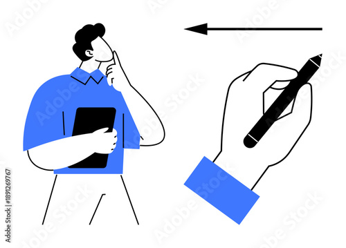 Decision-making concept. Decision-making with thoughtful individual holding a notepad and symbolic pen suggesting focus and planning. Decision-making in business strategy, education, planning