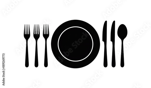 Top view dinner table vector with plate knives forks spoons silhouette flat illustration for restaurant and dining design